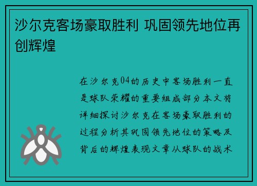 沙尔克客场豪取胜利 巩固领先地位再创辉煌