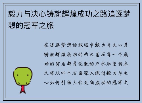 毅力与决心铸就辉煌成功之路追逐梦想的冠军之旅