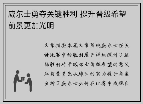 威尔士勇夺关键胜利 提升晋级希望 前景更加光明