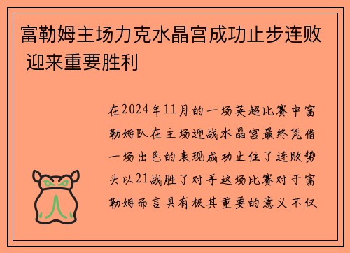 富勒姆主场力克水晶宫成功止步连败 迎来重要胜利