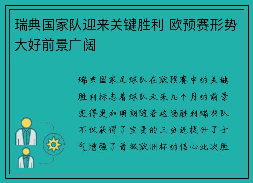 瑞典国家队迎来关键胜利 欧预赛形势大好前景广阔