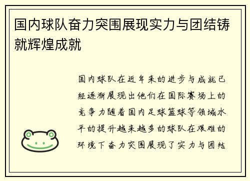 国内球队奋力突围展现实力与团结铸就辉煌成就