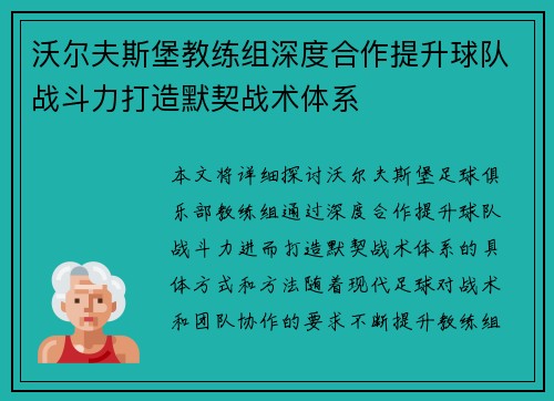 沃尔夫斯堡教练组深度合作提升球队战斗力打造默契战术体系
