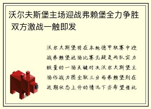 沃尔夫斯堡主场迎战弗赖堡全力争胜 双方激战一触即发