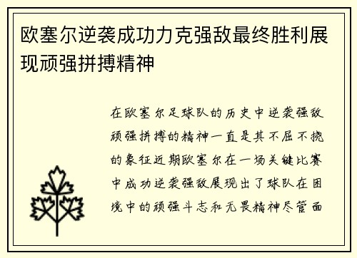 欧塞尔逆袭成功力克强敌最终胜利展现顽强拼搏精神